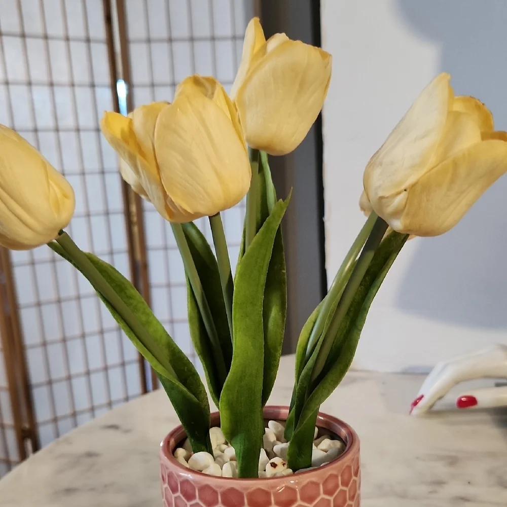 Vintage | Handpainted Yellow Tulips Honeycomb Vase with Rocks | realike*